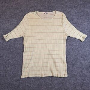 Vince Women's XL Top Green Cotton Variegated Stripe Crew Neck Elbow Sleeve